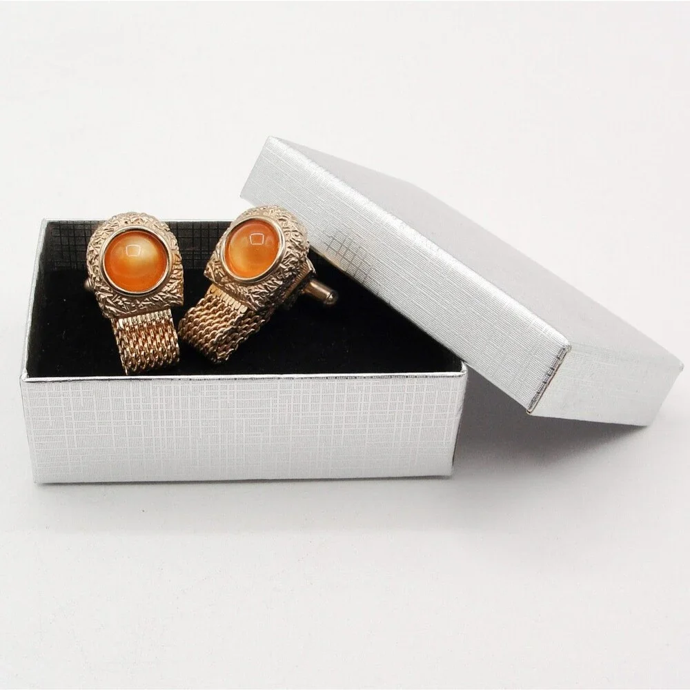 Vintage Swank Orange Moonglow Cabochon Gold Tone Mesh Wrap Around Cufflinks MCM